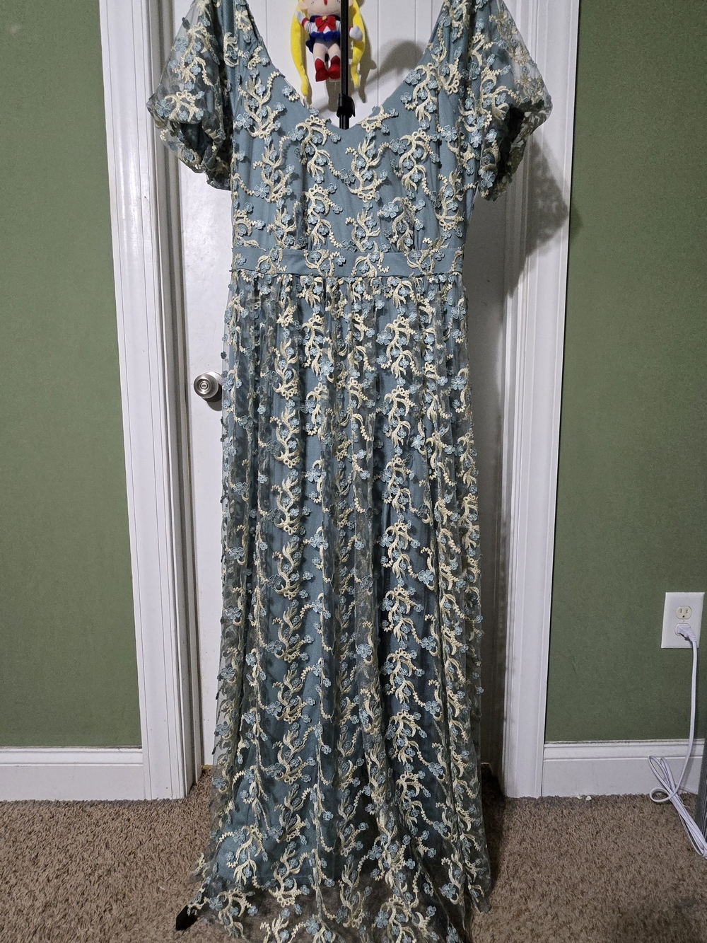 Arula Lace Overlay Maxi Dress in Sage Green and Embriodered Details